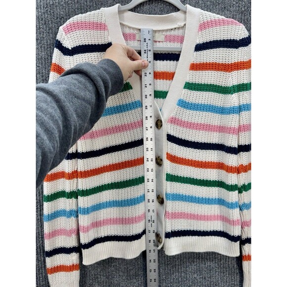 LOFT Chunky Knit Button Cardigan Womens Medium Cream Multicolor Striped V Neck - Picture 7 of 9